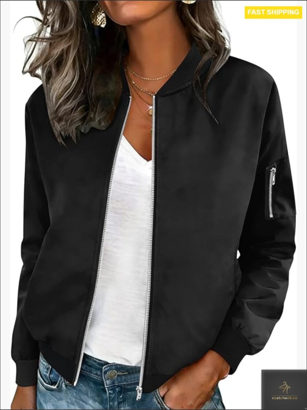Lightweight Zip Up Bomber Jacket Trendy Work Casual Long Sleeve Coat With